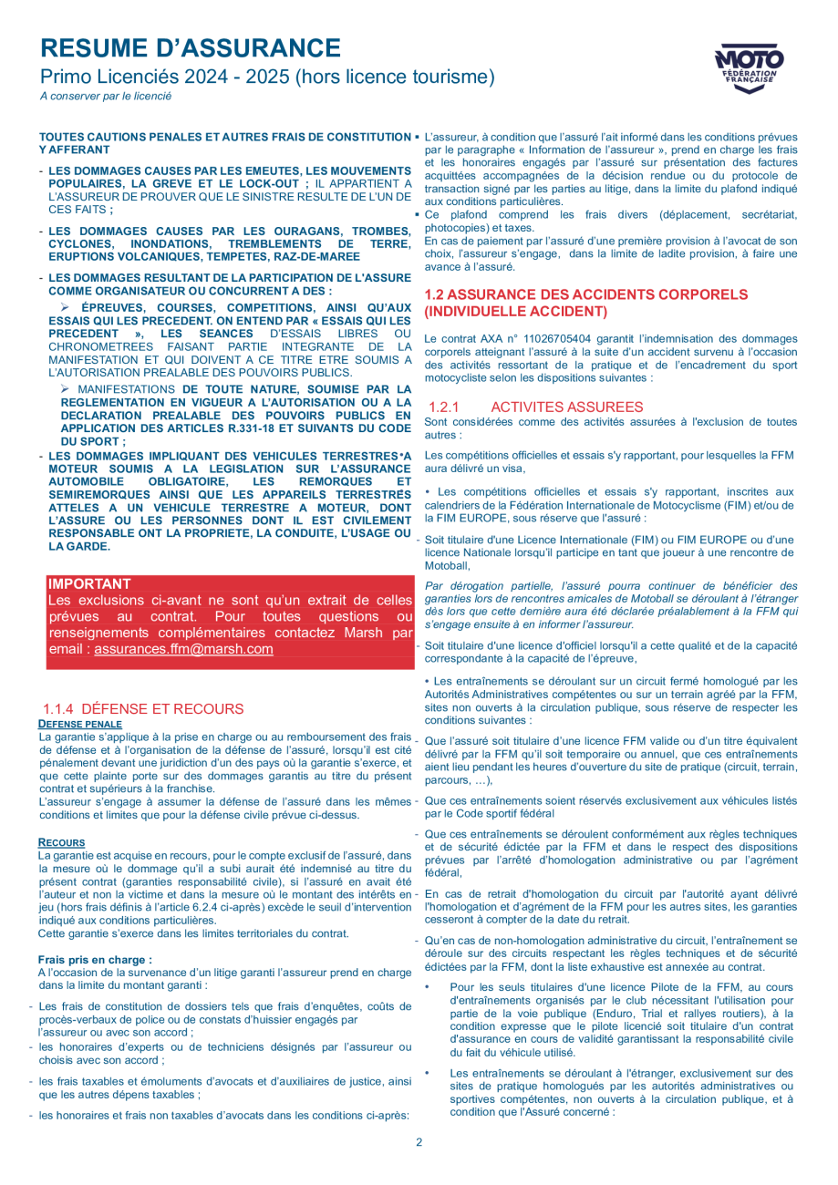 Résumé d'assurancePrimo Licencié 20242025 FFMoto